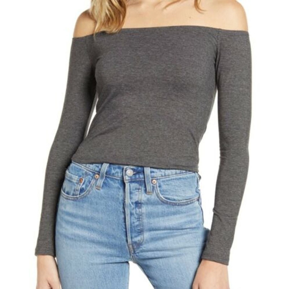 BP Off Shoulder Top Womens Size S Gray Long Sleeve Cropped Shirt Casual Festival